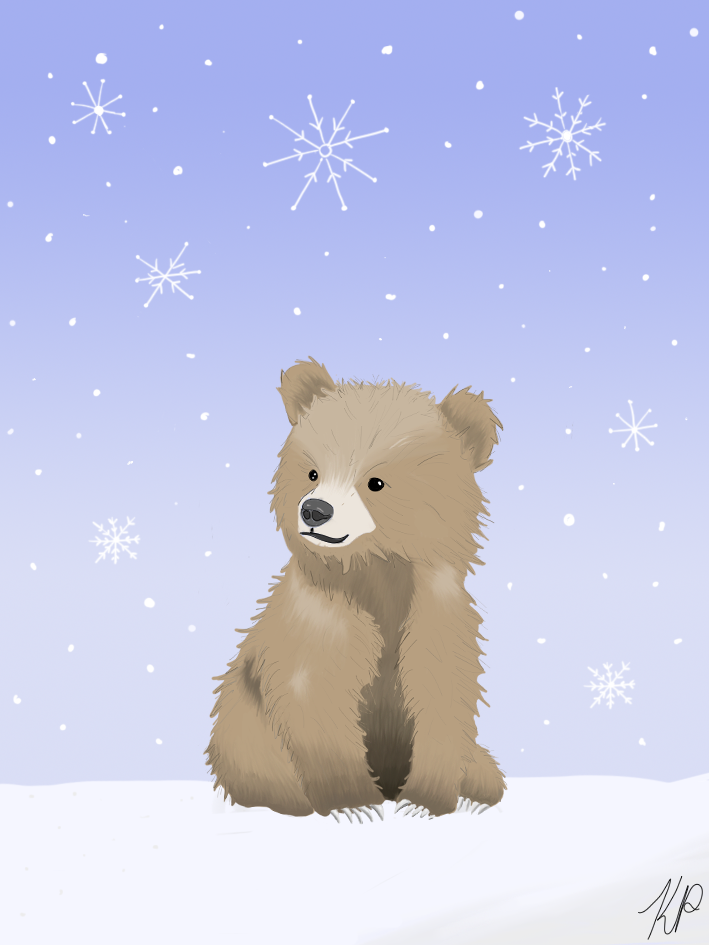 Winter bear portrait with snowflakes